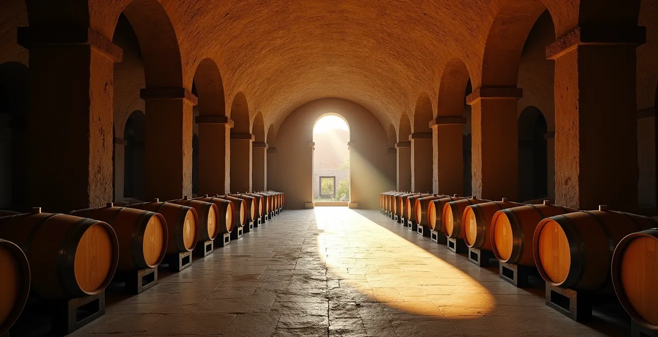 Cave voûtée en pierre calcaire typique de l'architecture bordelaise avec éclairage dramatique