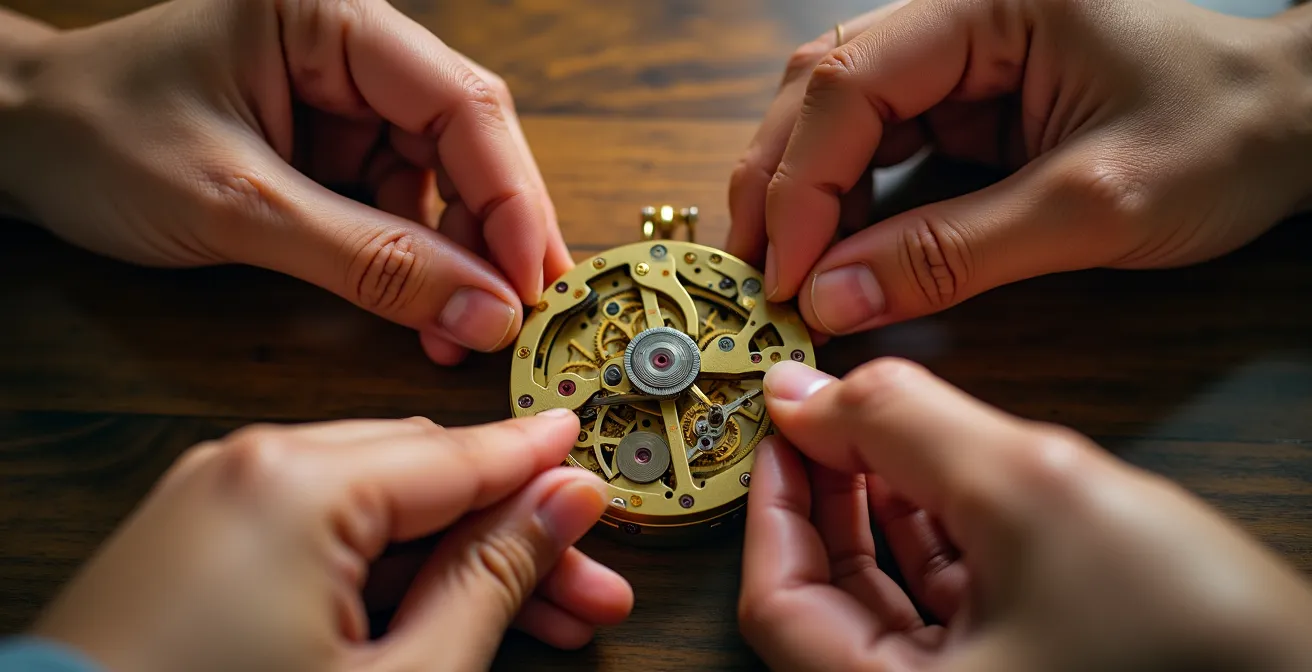 Gros plan sur plusieurs mains travaillant ensemble sur un mécanisme complexe