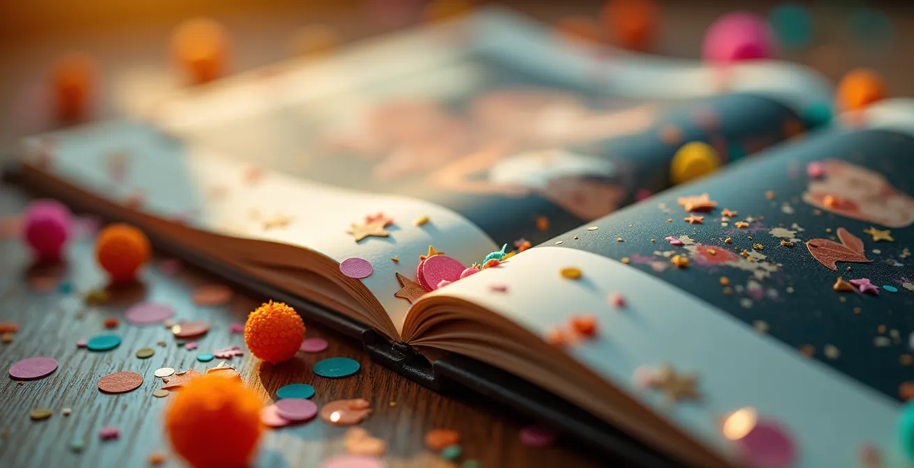 Album photo ouvert montrant des moments de joie d'anniversaire avec décorations colorées