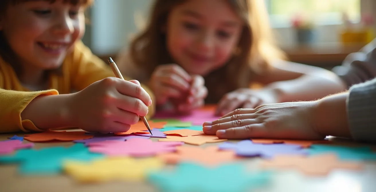 Mains d'adulte et d'enfant créant ensemble une invitation d'anniversaire colorée