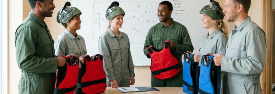 Groupe de professionnels souriants en équipements de paintball discutant autour d'un plan de jeu