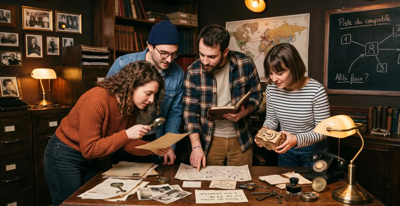 Groupe de quatre amis résolvant des énigmes dans une salle d'escape game thématisée en bureau de détective vintage à Paris