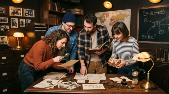 Groupe de quatre amis résolvant des énigmes dans une salle d'escape game thématisée en bureau de détective vintage à Paris