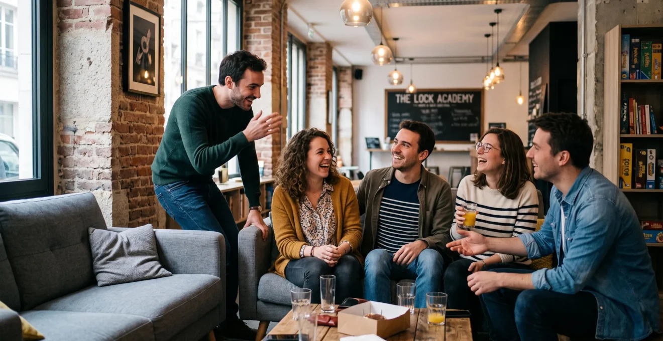 Groupe de cinq amis célébrant dans l'espace lounge d'un escape game parisien après leur partie