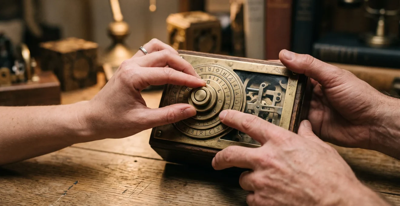 Gros plan sur des mains manipulant un mécanisme de puzzle à cadenas dans un escape game