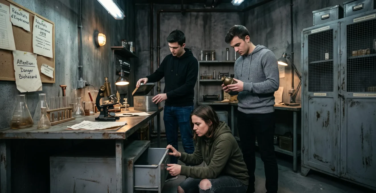 Trois participants fouillant une salle d'escape game thématisée en laboratoire scientifique abandonné